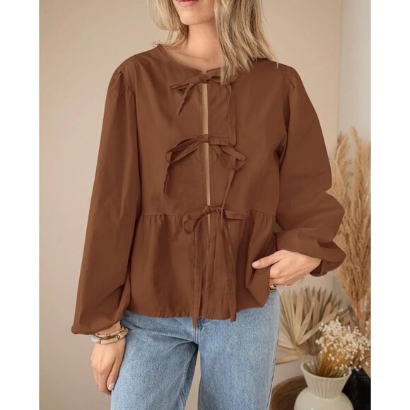 Women's Cotton Lyocell Peplum Blouse Long Sleeve Bow Tie Fall Top - Picture 5 of 7